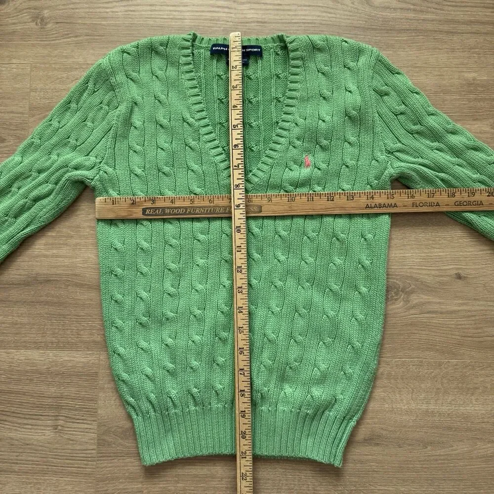 Ralph Lauren Sport Cable Knit Sweater Size M Green V Neck Pink Pony Logo